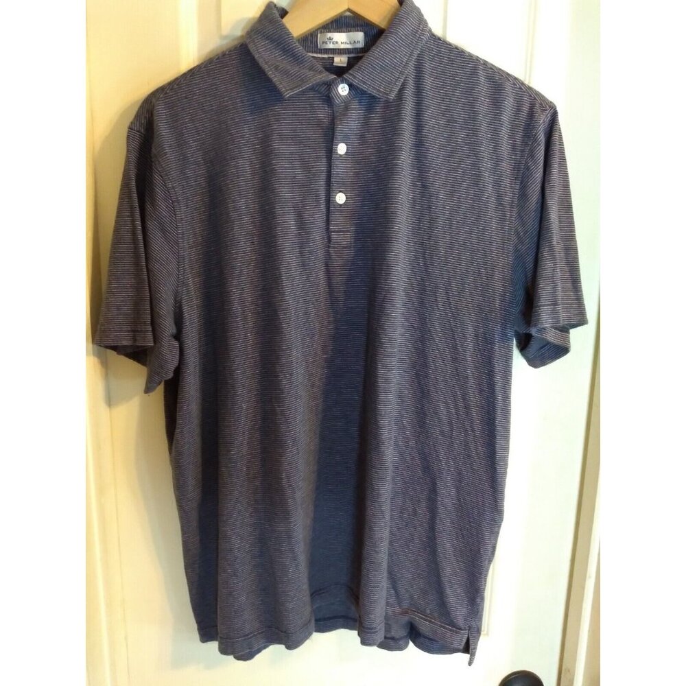 Peter Millar Polo Shirt Blue Pinstripes Sz L